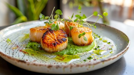 uxurious seafood plate with pan seared scallops featuring a crispy golden brown crust, pea purée, microgreens, and a drizzle of lemon butter sauce on a sleek modern plate