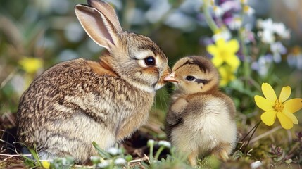 Best friends bunny rabbit and chick are kissing