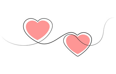 Wall Mural - Two Hearts Continuous One Line Drawing. Valentines day concept, One continuous drawing of heart shape love sign. outline and romantic symbol, Heart background valentine day design, one line vector