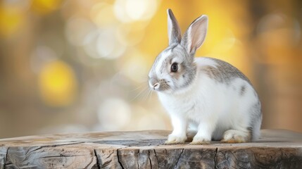 Wall Mural - The rabbit sit on the wood with light bokeh form nature background. Easter day