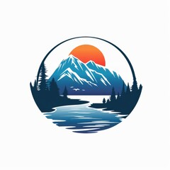 Wall Mural - Mountain and river landscape icon, adventure travel logo template on white background, sunrise, sunset