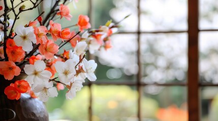 Wall Mural - Close-up of Vibrant Red and White Blossom Flowers by a Window with a Blurry Outdoor Background