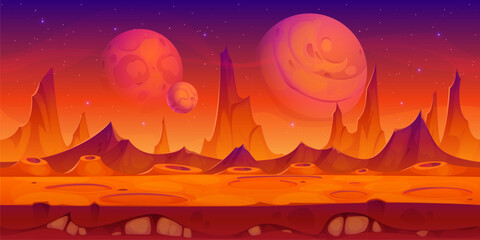 Poster - Space red planet surface, mars desert and mountains landscape with craters under a starry night sky. Vector game level scene, otherworldly background with alien Martian terrain and large moons above