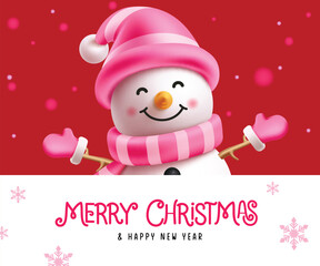 Wall Mural - Christmas snowman greeting card vector template. Merry christmas and happy new year in white board space with snow man character wearing pink hat, scarf and gloves xmas elements. Vector illustration 