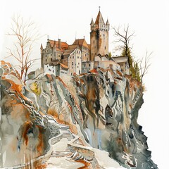 Watercolor painting of a medieval castle perched on a cliff, surrounded, on isolated white background, Generative AI