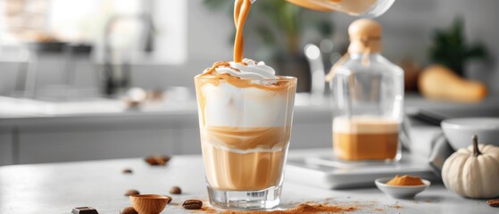 Wall Mural - Pouring milk into a glass with warm coffee drink with pumpkin spice or cinnamon, whipped milk foam and chocolate in a white sunlit modern kitchen interior.