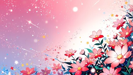 Wall Mural - pink theme flowers with dreamy cute sparkles and glitters stars abstract background anime cartoon illustration backdrop copy space