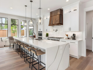 Wall Mural - Modern, sleek kitchen with a beautiful waterfall edge counter, featuring clean lines and minimalistic design.