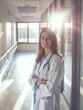 © Pixel Palette - Woman doctor smiling in a hospital corridor, sunlight through windows