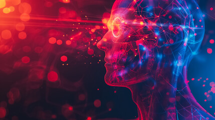 Poster - Schematic of the human body with neural connections in the head and brain, and organ structures, presented as a hologram on an abstract background with light