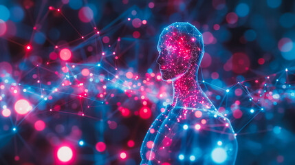 Poster - Digital art featuring a holographic schematic of the human body, including neural connections and organ structures, set against an abstract