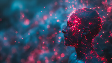 Poster - Schematic of the human body with neural connections in the head and brain, and organ structures, presented as a hologram on an abstract background with light