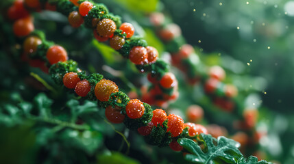 Wall Mural - Genetically modified organisms (GMO) food visualized with a DNA helix, showcasing advancements in biotechnology and agricultural innovation.