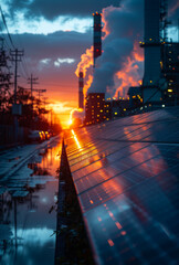 Wall Mural - A city skyline with a sunset in the background. The sky is orange and the sun is setting. The buildings are tall and there is a lot of smoke coming from them