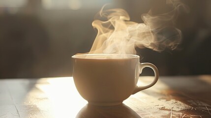 Steaming hot coffee in a white cup