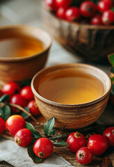 Canvas Print - Two cups of tea sit on a table with a bowl of red berries. The berries are scattered around the cups and bowl, creating a cozy and inviting atmosphere