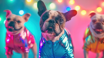 Poster - French Bulldogs in Disco Outfits.