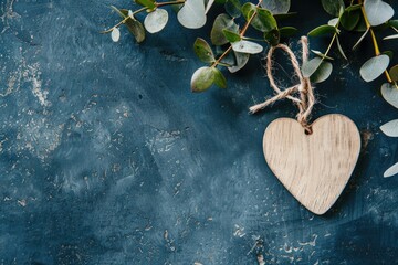 Aufkleber - A simple wooden heart hangs from a string against a blue background, perfect for use in designs related to love, relationships, or emotional expression
