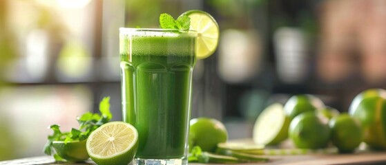 Healthy green smoothie or shake made out of fresh and organic lime and lemon on a kitchen counter top