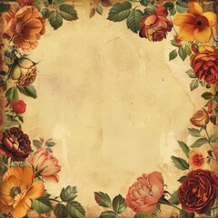 Vintage Floral Border on Grunge Paper Background