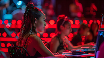 A woman receives feedback from judges on her performance during a talent show competition.