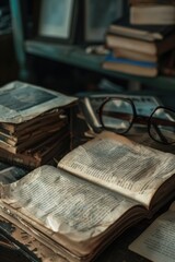 Aufkleber - A stack of vintage books on a wooden table, perfect for historical or nostalgic themed designs