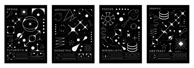 Aufkleber - Retro brutal y2k posters with abstract geometric shapes and elements. Vector grid pattern, monochrome line stars, space planet globes and sun, aesthetic art figures and trendy futuristic graphic forms