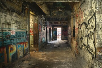 Poster - Abandoned corridor covered in urban art and murals