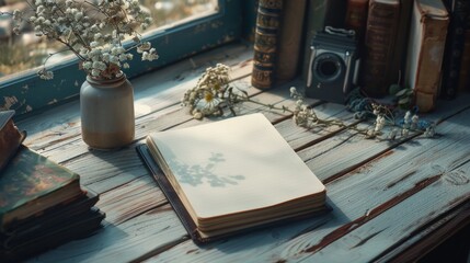 Poster - A single book sitting on a wooden surface, great for educational or office settings