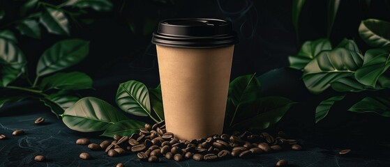 Take out coffee cup mockup on a dark background with coffee beans and green leaves