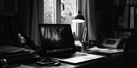 Poster - A laptop computer sits on a wooden desk