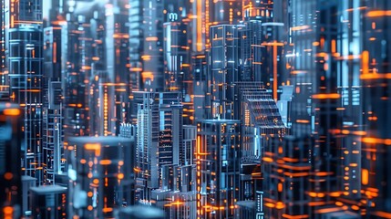 Poster - Abstract 3D rendering of a futuristic cityscape with glowing neon lights and a geometric structure.