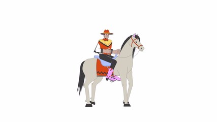Poster - Cowboy horse riding line 2D character animation. Horseback equestrian flat color cartoon 4K video, alpha channel. Stallion rider man in cowboy hat and boots animated person on white background