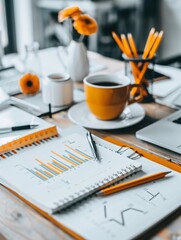 Aufkleber - a natural workspace with seo graphs and creative elements, emphasizing content creation