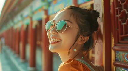 Wall Mural - Cheerful young Chinese woman traveling at the Summer Palace. copy space for text.