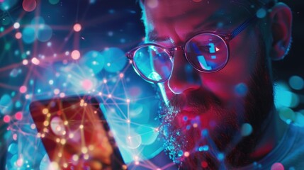 Aufkleber - A person looking at their phone with glasses on, possibly checking messages or news