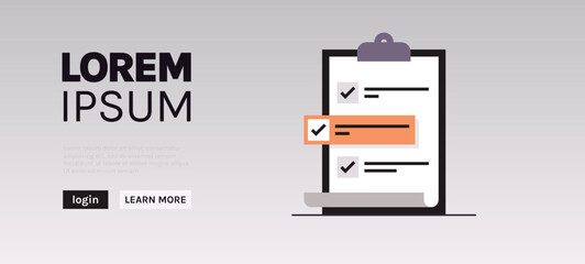 Poster - Check mark on checklist in survery from and business ogranization planning concept flat vector illustration.	
