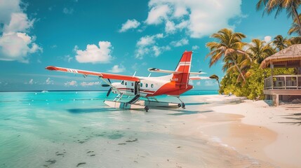 Wall Mural - Seaplane at tropical beach resort. Luxury summer travel destination with seaplane in sunny paradise islands. Exotic vacation or holiday transportation, Maldives Ari Atoll.