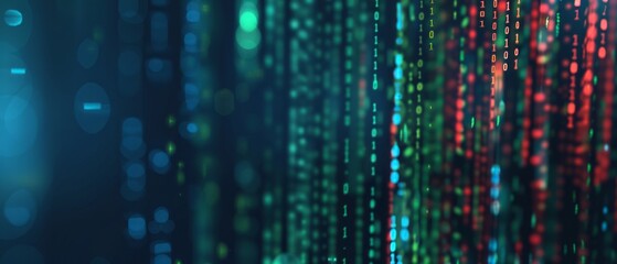 Poster - Colorful Binary Code Stream Flowing in Digital Space With Abstract Lights