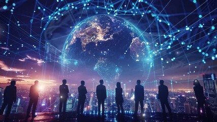 Poster - Business background. Business teams working together on global networks and connectivity. Digital world with glowing hologram earths in the city. International business communication with digital tech