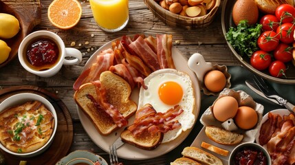 Wall Mural - A rustic breakfast table with a hearty spread of bacon, eggs, toast, and a side of homemade jam, with fresh orange juice.