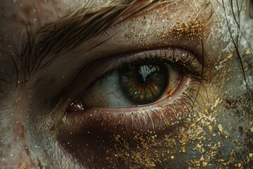 Poster - A close-up shot of an eye with gold paint applied, ideal for use in beauty or design-related contexts