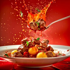 Sticker - Steamy stew with tender meat and potatoes. A vibrant explosion of flavors and ingredients. Perfect for use in cooking blogs or food-related sites. AI