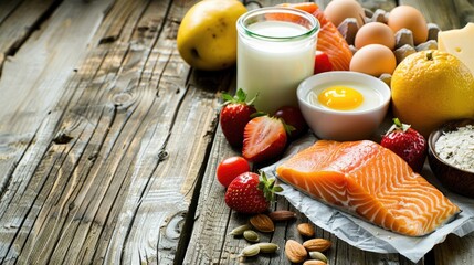 Selection of healthy food on rustic wooden background