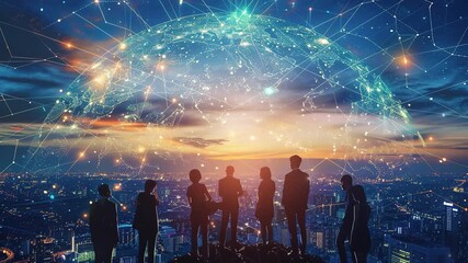 Poster - Business background. Business teams working together on global networks and connectivity. Digital world with glowing hologram earths in the city. International business communication with digital tech
