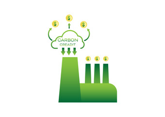 Carbon credit concept. Factory and green cloud shape with carbon change to money. Sustainability ecology environment. Greenhouse gases regulation.