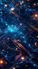 Poster - intricate digital circuit board with glowing blue lines and nodes futuristic cyber background concep