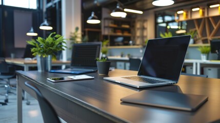 Wall Mural - Laptops on table in corporate office, Workspace concept.