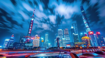 Wall Mural - Illuminated Skyscrapers and Motion Blurred Traffic in Shanghai