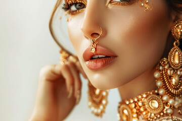 Woman with golden jewelry on white background